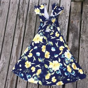 Backless Blue yellow floral print ruffle midi